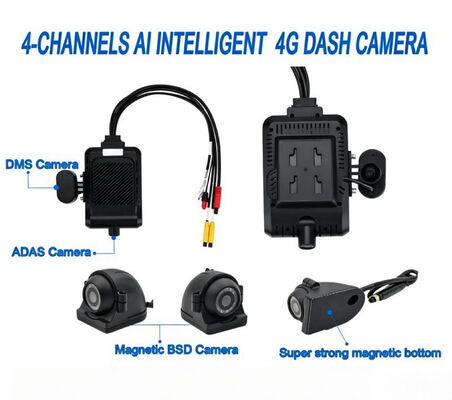 4-Channel AI 4G Dash Cam | DMS/ADAS Driver Behavior Detection, Magnetic Cameras
