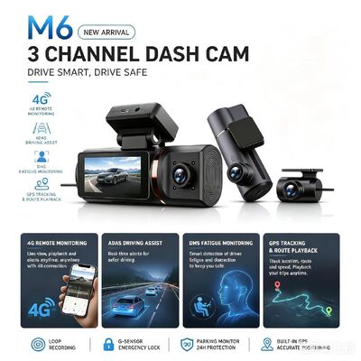 3-канальная ИИ 4G Dash Camera 4K Front, ADAS & DMS, GPS Tracking, 24/7 парковочный монитор