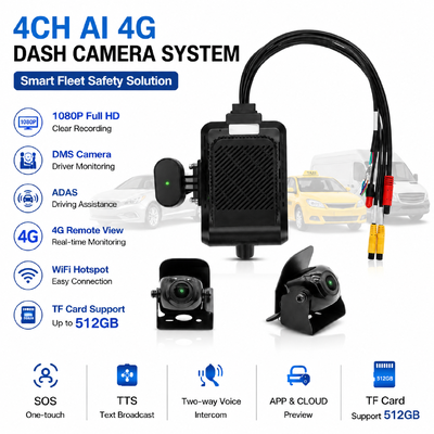 4-канальная ИИ Интеллектуальная камера 4G Dash, ADAS + DMS + BSD Active Safety,1080P+720P Запись для такси