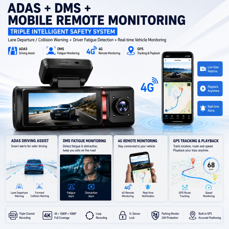 3-канальная ИИ 4G Dash Camera 4K Front, ADAS & DMS, GPS Tracking, 24/7 парковочный монитор